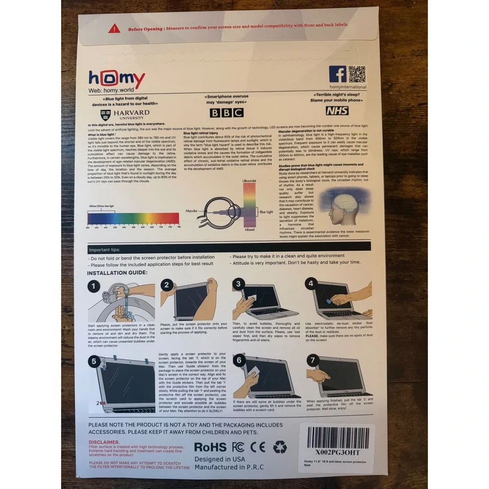 Homy 11.6 inch Anti Blue Light Screen Protector for Laptop 16:9 Aspect Ratio New